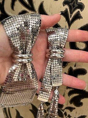 1930's Deco Silver tone Mesh Ribbon Bow Cuff Bracelet and Necklace Rau
F Co